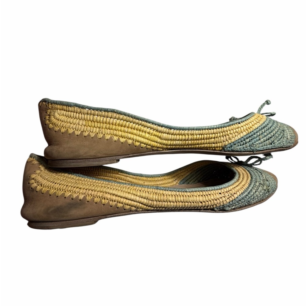Salvatore Ferragamo tricolor Raffia Green & Tan Bow Ballet Flats Sz 10M - Picture 10 of 16